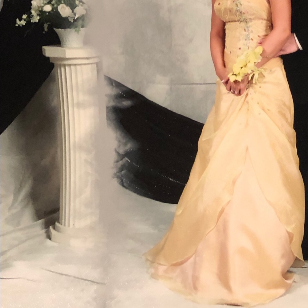 3 long dresses, 1 turquoise tea length, 1 faux fur